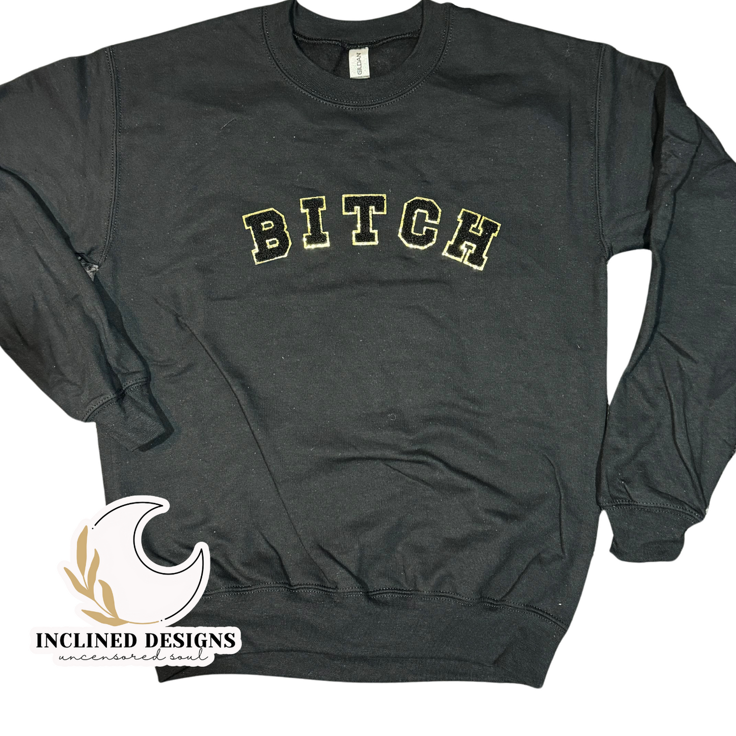 Chenille Patch Bitch Crew Neck Sweatshirt- Black