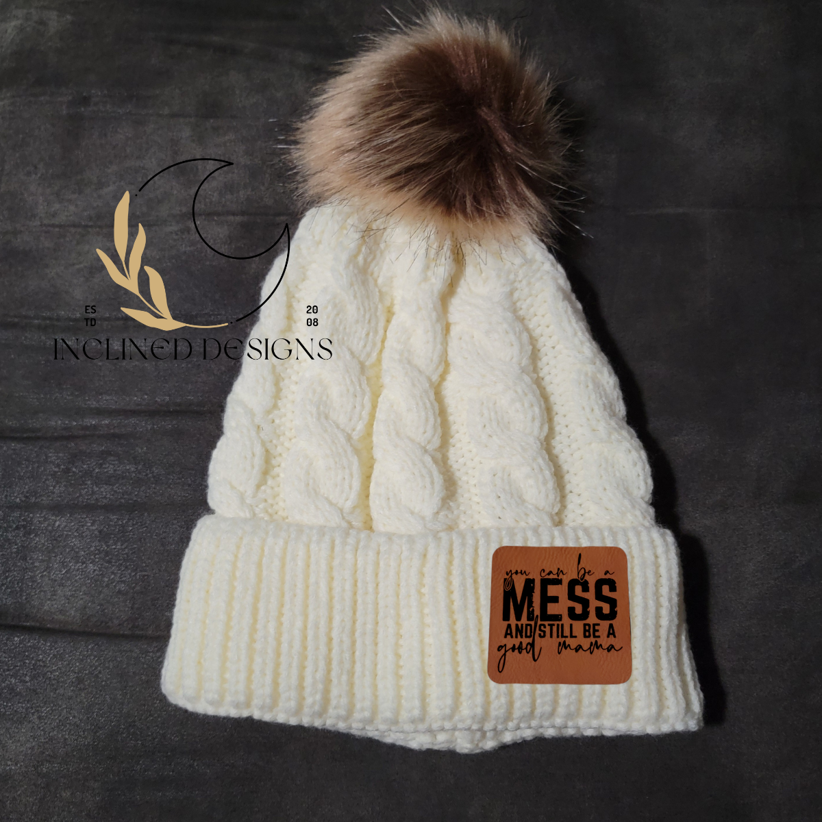 Knit Hat with Faux Fur Pom and Leatherette Patch